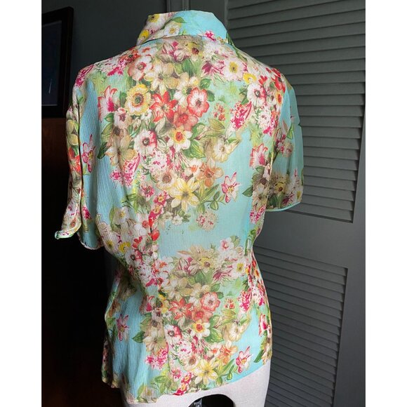 Silk Button-down Short Puff Sleeves Floral Blouse Aqua 6 - Picture 7 of 12